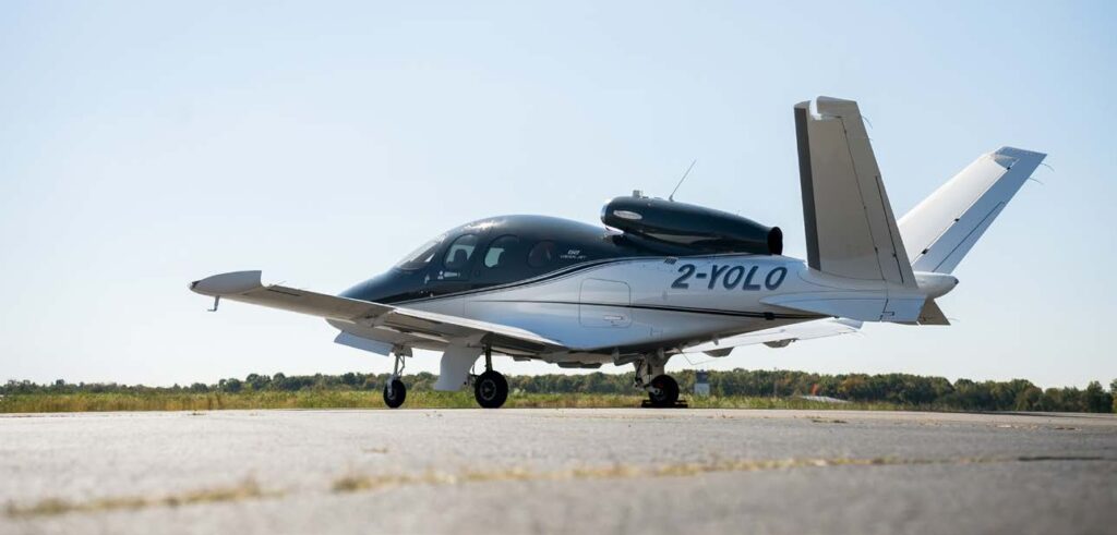 A view of Murti Hussain’s Cirrus Vision Jet SF50 (with the previous owner’s witty tail number). [Credit: Luke Lysen]