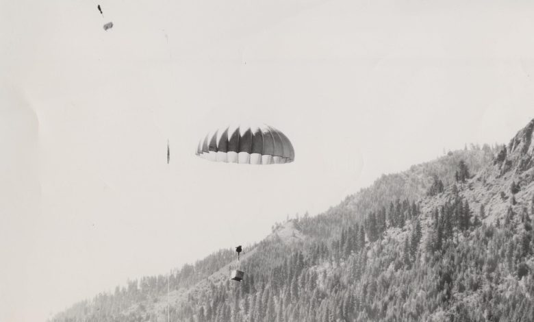 Parachuting beaver boxes dropped from an airplane.