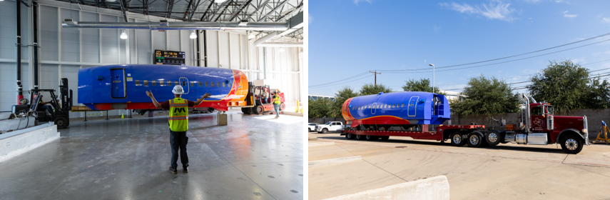 Southwest moves its evacuation trainer named 'Poolie' via truck to its new home at Texas A&M.