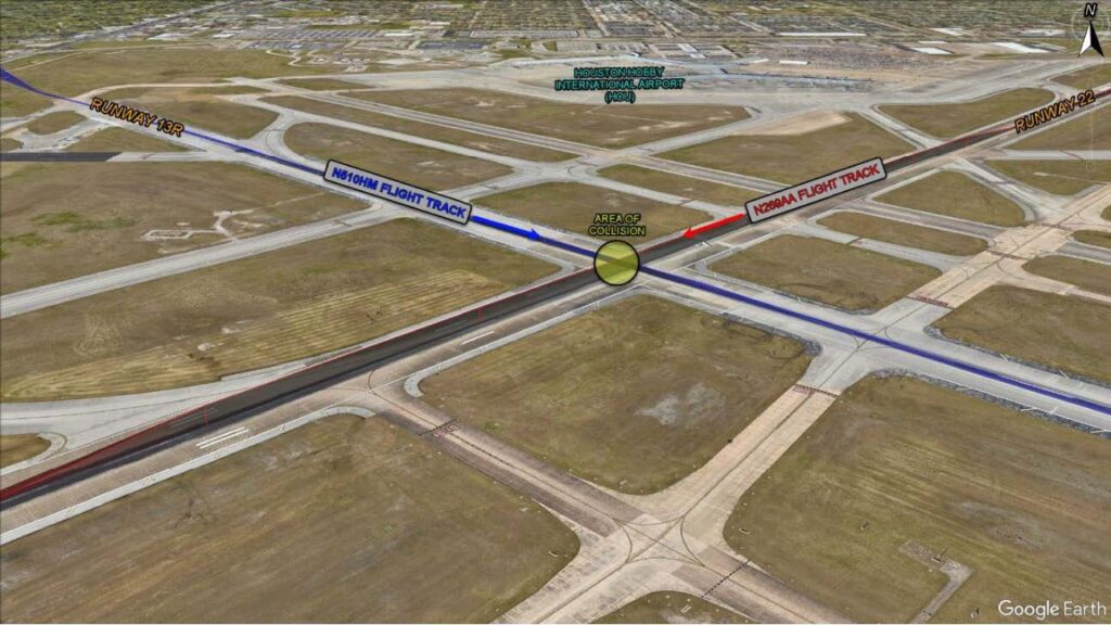 View of both airplanes’ flight tracks with the area the ground collision occurred
highlighted in yellow. The blue line represents the N510HM flight track, and the red line
represents the N269AA flight track. [Credit: NTSB]