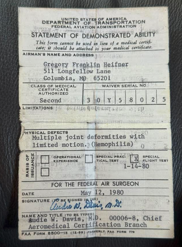 Greg Heifner's original Waiver of Demonstrated Ability from the FAA.