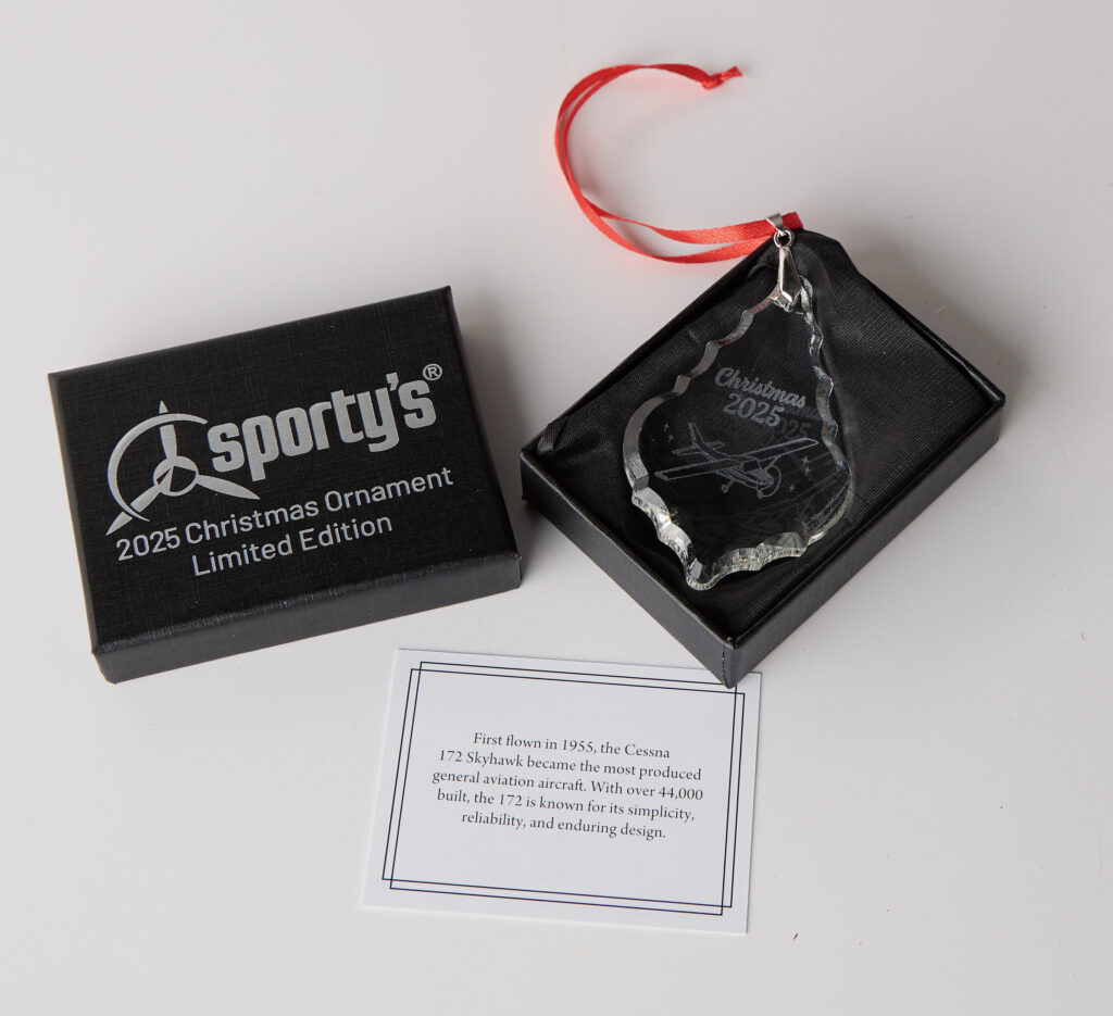 Gift box for the 2025 Christmas ornament, featuring a Cessna 172 [Courtesy: Sporty’s]