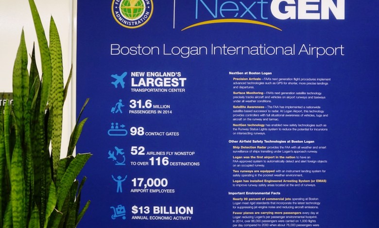 Sign explaining to passengers that Boston Logan International Airport (KBOS) is implementing the Next Generation Air Transport System (NextGen).