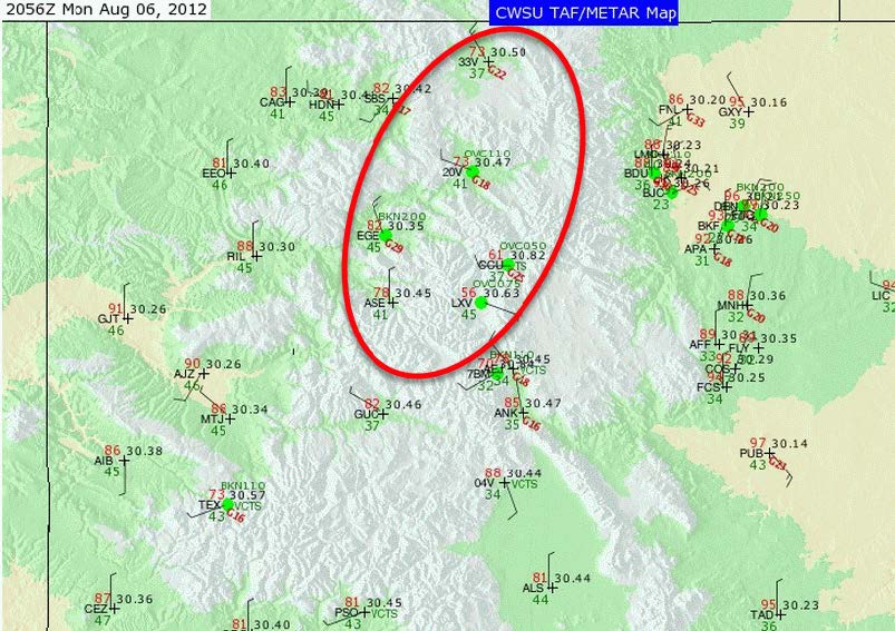 Plotted here is a graphical depiction of the surface observations for sites in Colorado on August 6 at 2056 UTC. Copper Mountain (KCCU) and Leadville (KLXV), located in the center, are the highest elevation sites shown. Notice also that they have the highest altimeter settings. [Credit: Scott Dennstaedt]