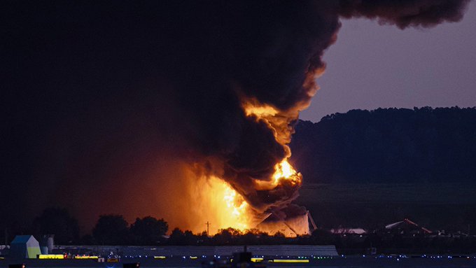 Flames and smoke rise after a UPS cargo jet crashed shortly after takeoff on Tuesday, November 4, in Louisville, Kentucky. [Credit: Transportation Secretary Sean Duffy/via X]