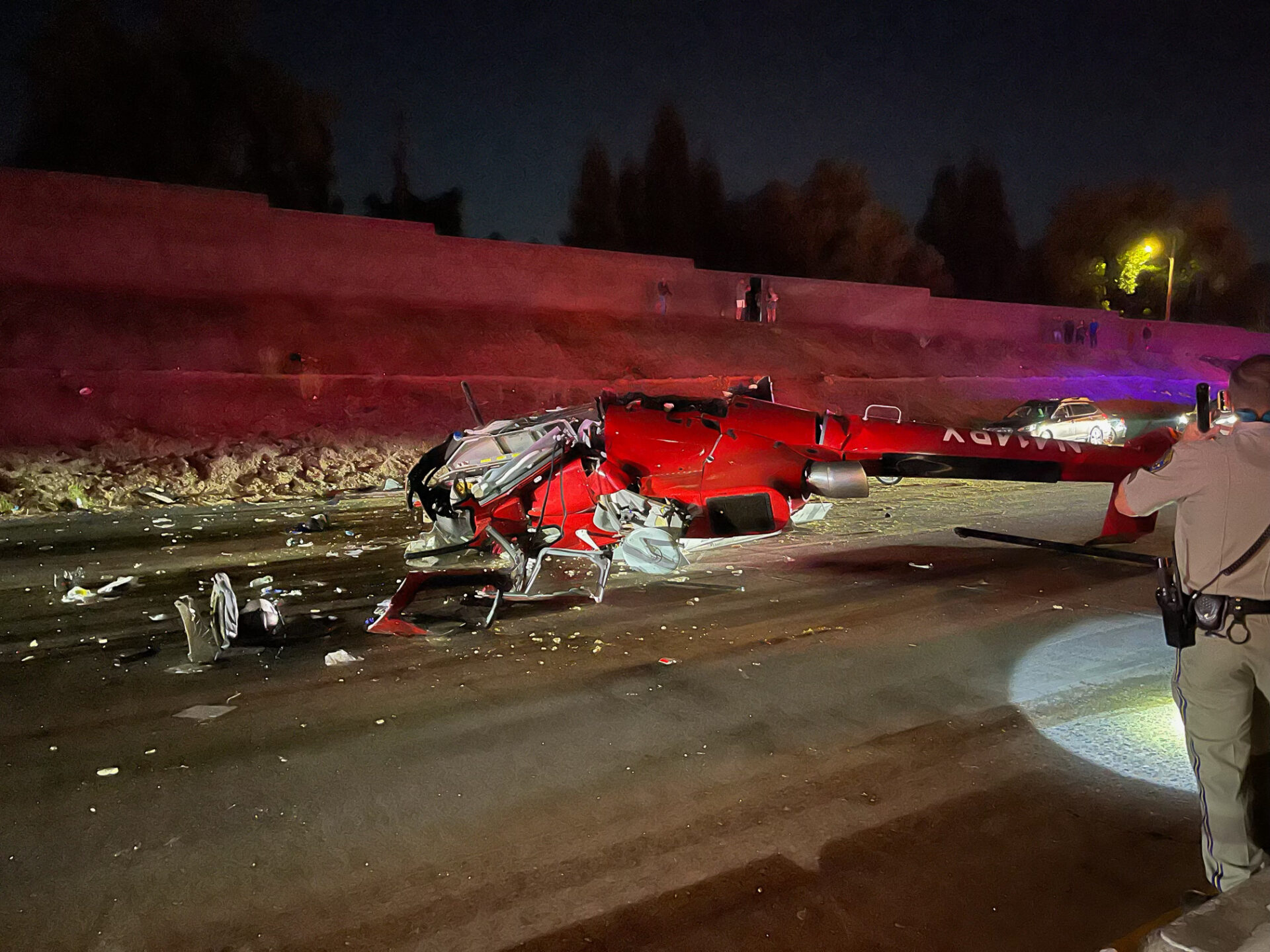 An ambulance helicopter crashed on October 6 near Sacramento, California, after losing power for an unknown reason, according to the NTSB’s preliminary report. [Credit: California Department of Transportation District 8]