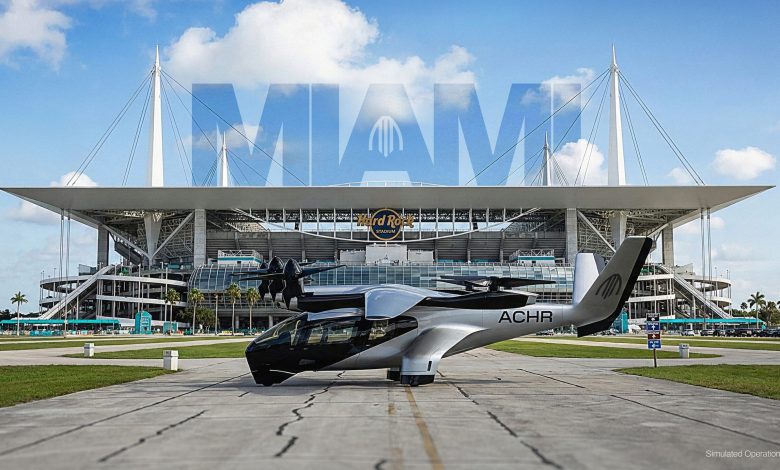 rendering of Archer Aviation Midnight eVTOL air taxi in front of Hard Rock Stadium in Miami