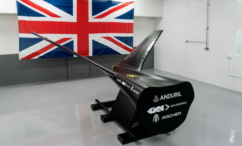 Archer Aviation, Anduril, GKN Aerospace branded aircraft tail with U.K. flag in background