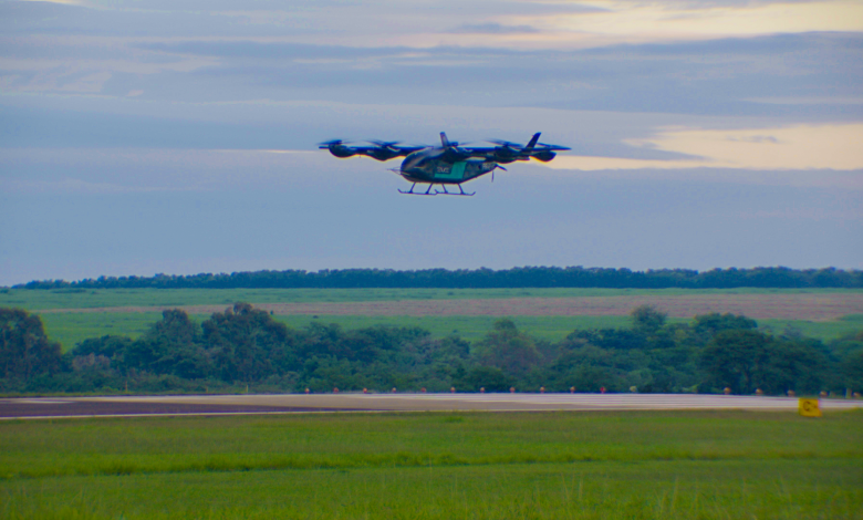 Eve Air Mobility eVTOL air taxi prototype hover flight