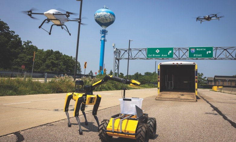 Drones fly above ground robots at the University of Michigan’s autonomous vehicle testbed site that is expanding to include electric and uncrewed aerial vehicles. [Szczepanski/Michigan Engineering]