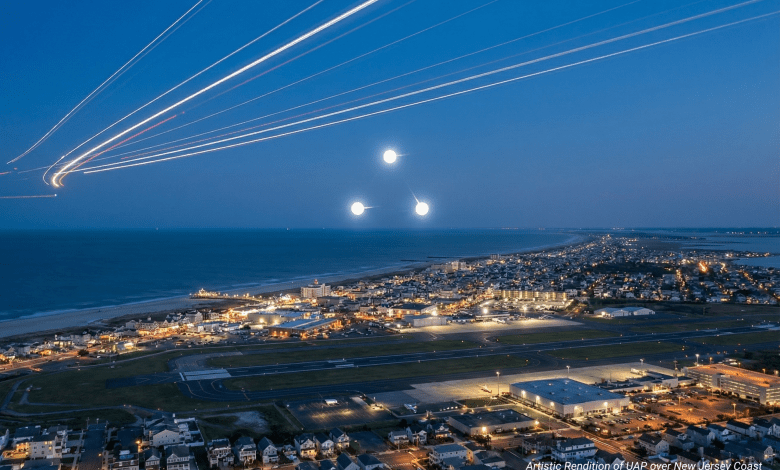rendering of unidentified aerial phenomena over the coast of New Jersey