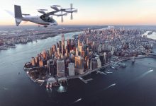 Vertical Aerospace Valo eVTOL electric air taxi rendering over Manhattan in New York City