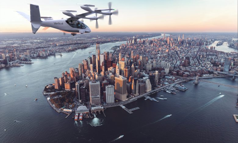 Vertical Aerospace Valo eVTOL electric air taxi rendering over Manhattan in New York City