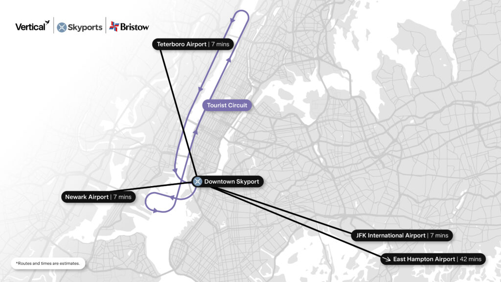 Vertical Aerospace electric air taxi route map for Manhattan, New York City, and New Jersey