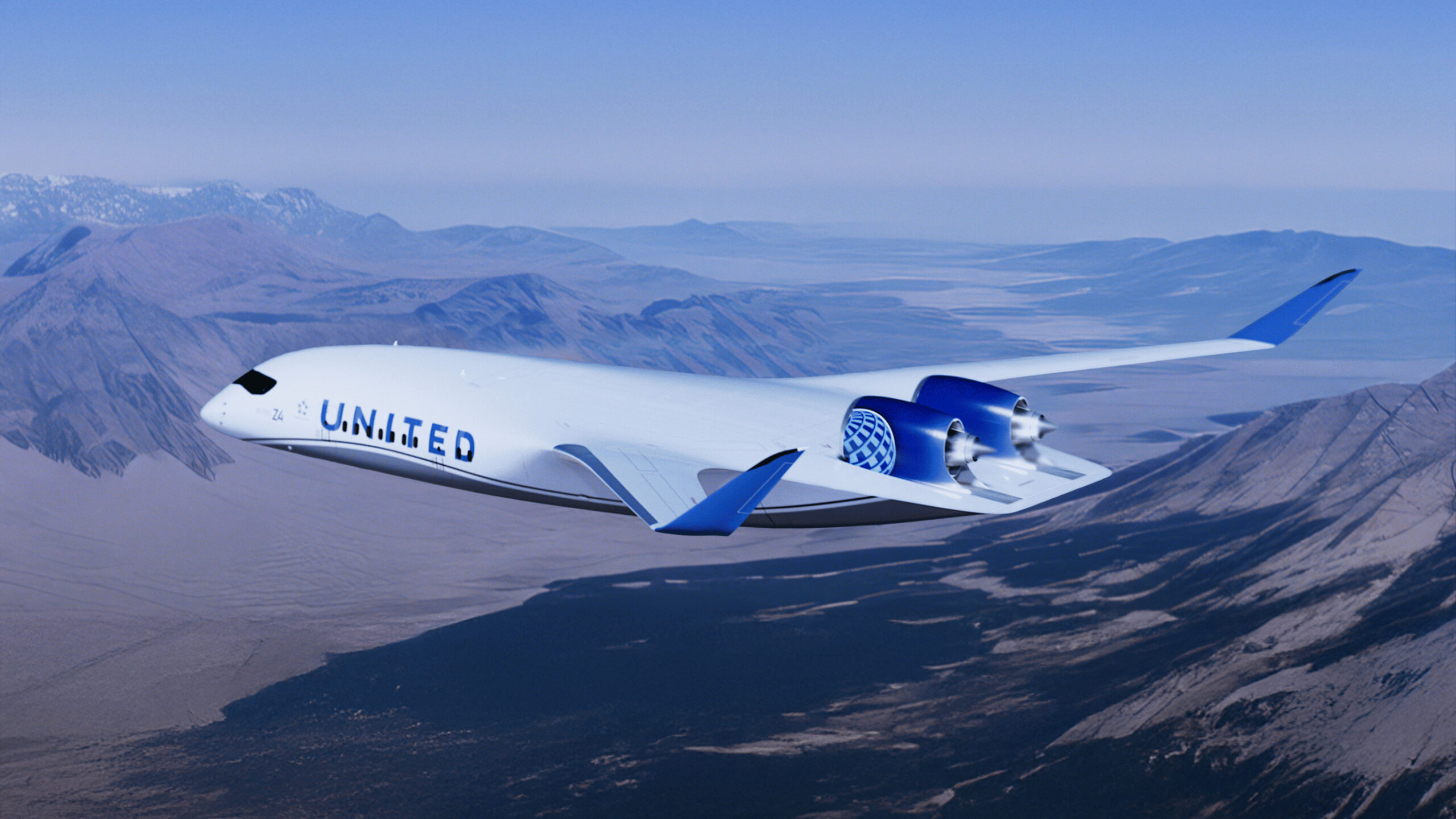 JetZero Z4 blended wing all-wing aircraft with United Airlines livery