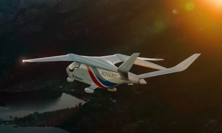 Beta Alia electric aircraft with Bristow livery flies over Norway during flight testing