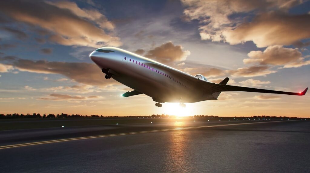 Natilus Horizon Evo taking off from airport runway, digital rendering