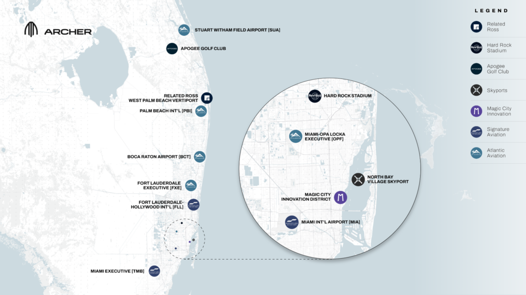 Archer Aviation proposed Miami air taxi route network