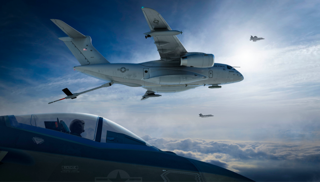 conceptual image of Embraer Northrop KC-390 autonomous boom tanker refueling system