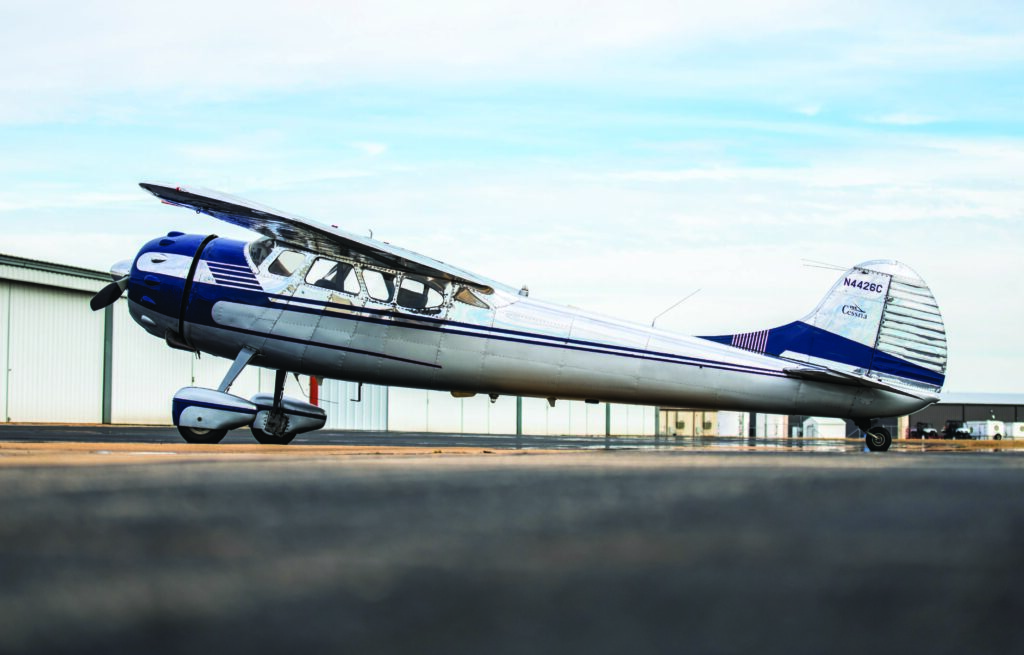 The Cessna 195 shows off its sleek profile and a graceful, rounded vertical stabilizer and rudder shape shared with the Cessna 170. [Credit: Glenn Watson]