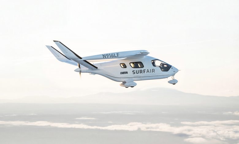 Beta Technologies Alia electric aircraft with Surf Air Mobility branding