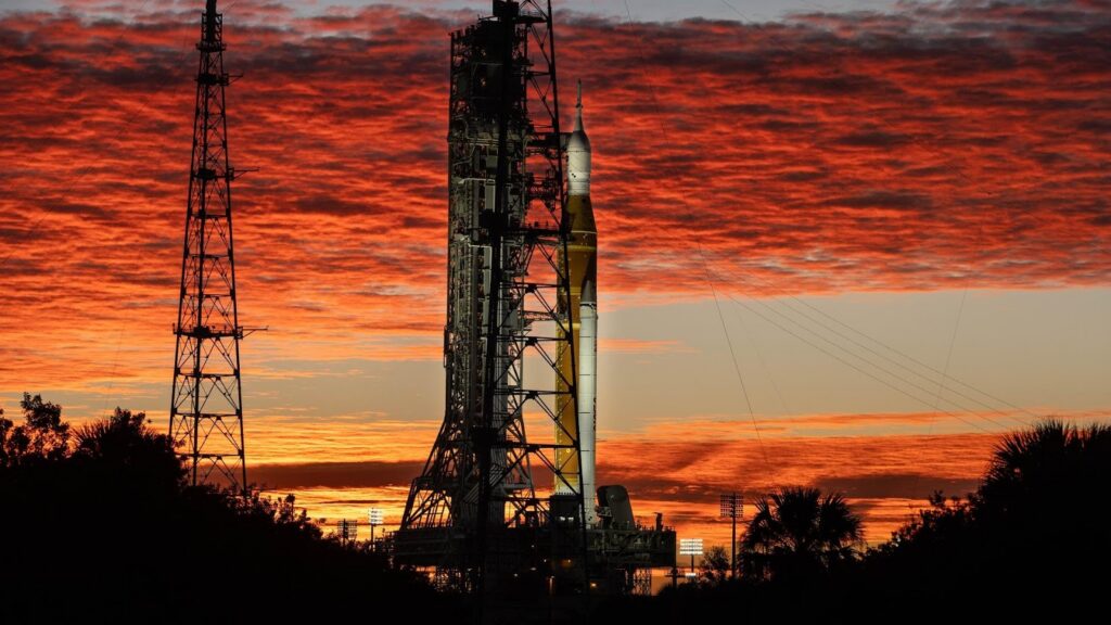 NASA Artemis II SLS rocket Orion capsule on launch pad