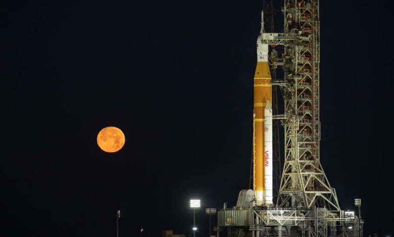 NASA SLS and Orion on the launch pad at Kennedy Space Center in Florida