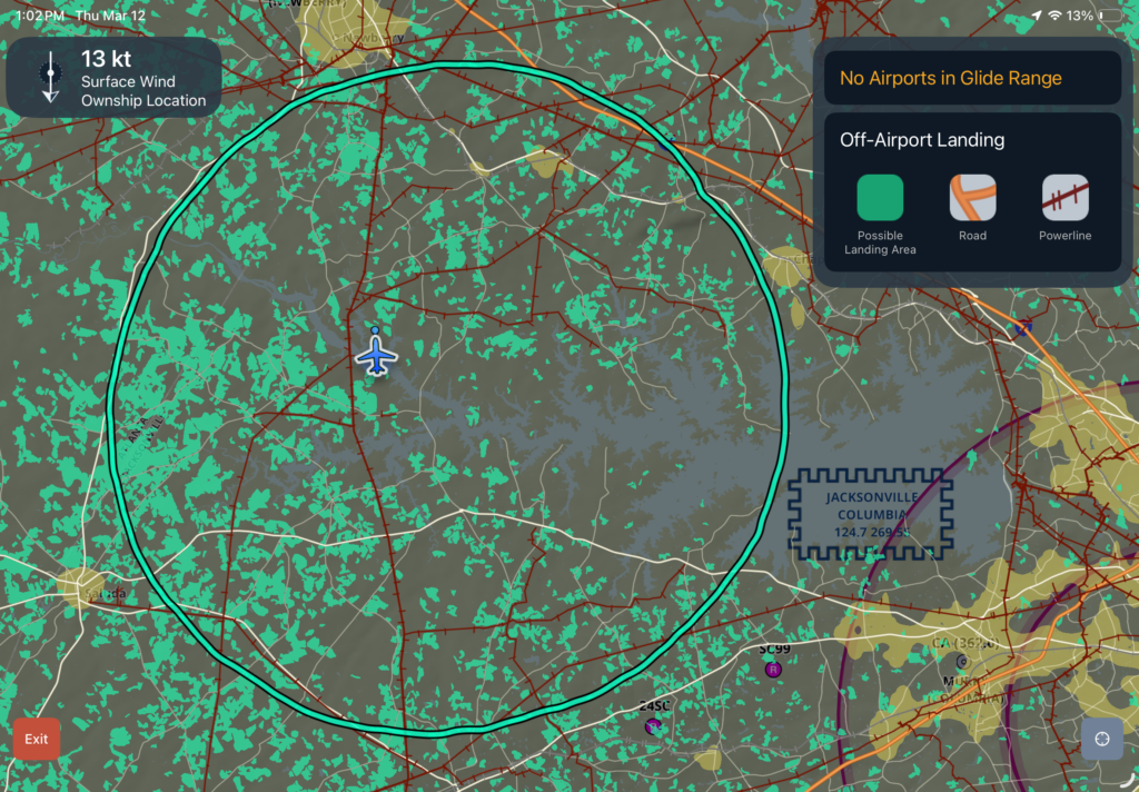 Jeppesen ForeFlight’s Emergency Glide Mode gives pilots the ability to find the best places to land when the engine quits, eliminating the guesswork. [Credit: Jeppesen ForeFlight]