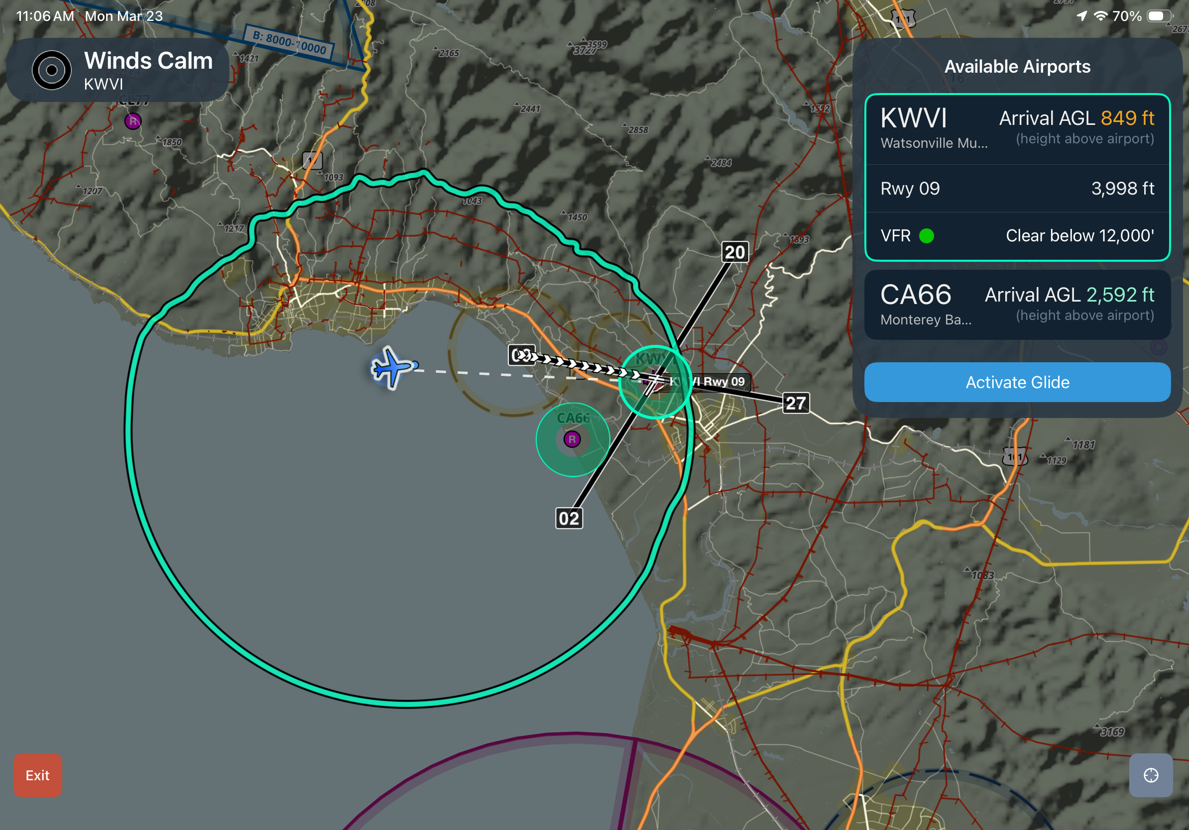 Jeppesen ForeFlight’s Emergency Glide Mode gives pilots the ability to find the best places to land when the engine quits, eliminating the guesswork. [Credit: Jeppesen ForeFlight]