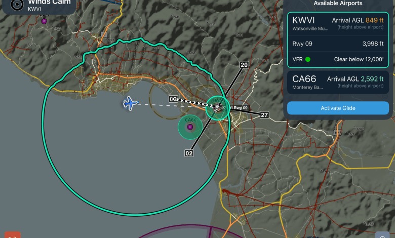 Jeppesen ForeFlight’s Emergency Glide Mode gives pilots the ability to find the best places to land when the engine quits, eliminating the guesswork. [Credit: Jeppesen ForeFlight]