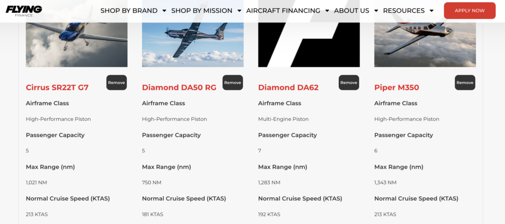 FLYING Finance's most recent free tool for buyers: a nearly 1,000-model aircraft comparison engine [Credit: FLYING Finance]