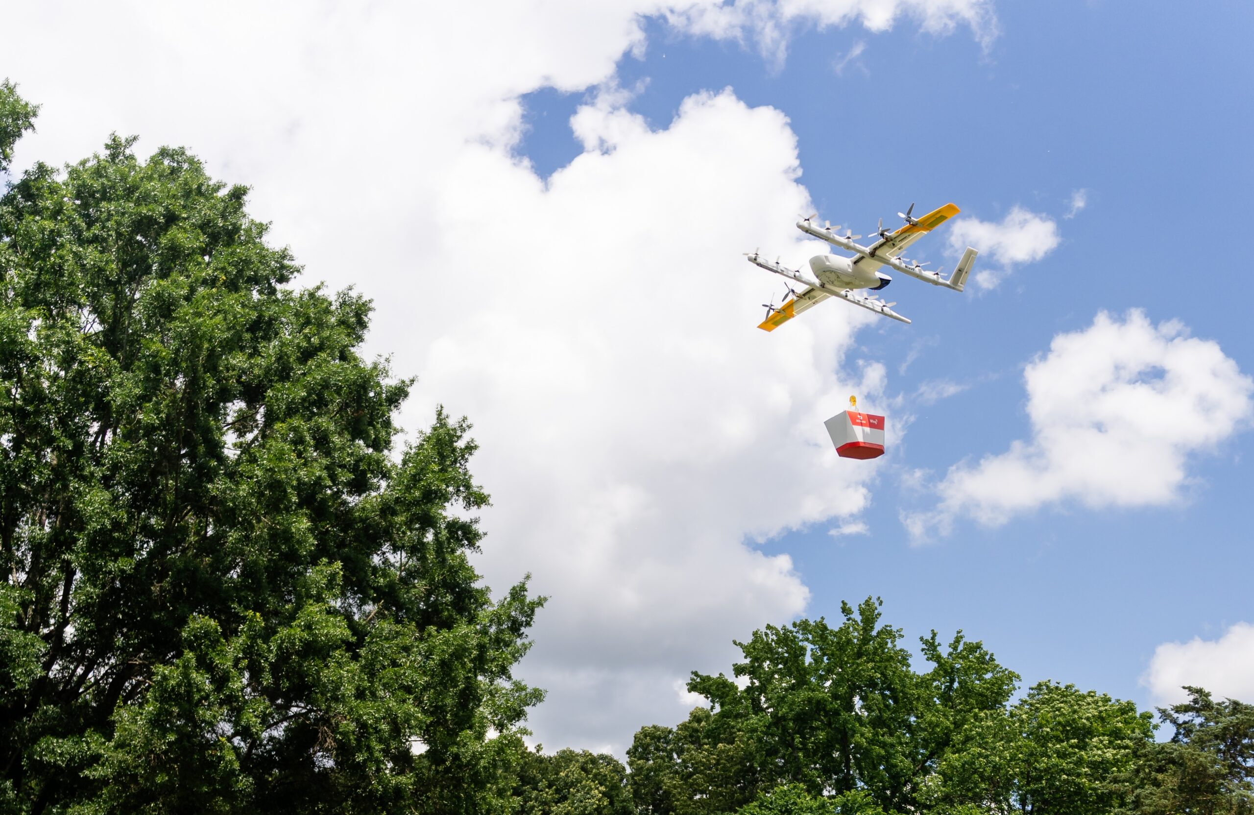 Wing delivery drone delivers a DoorDash order in the Atlanta suburbs