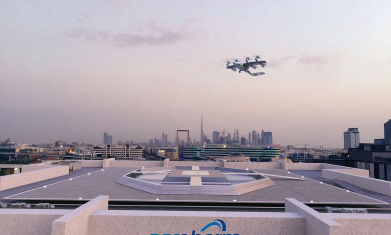 Aeroberm vertiport system installed atop a building in Dubai