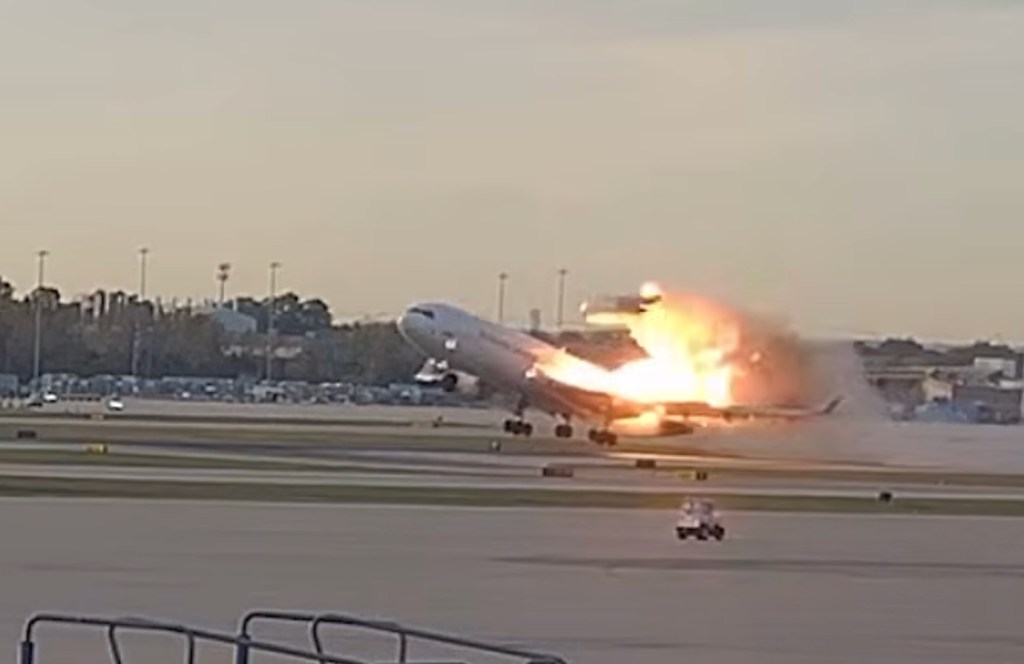 Airport surveillance video showed the MD-11’s left engine and pylon separated shortly after takeoff rotation. [Credit: NTSB]