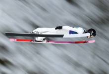 Flight time may possibly be more affected by the rate at which ski jumpers slow down than by the rate at which they lose height. [Credit: U.S. Ski & Snowboard]
