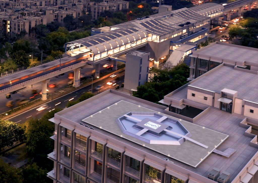 Aeroberm vertiport system installed atop a building