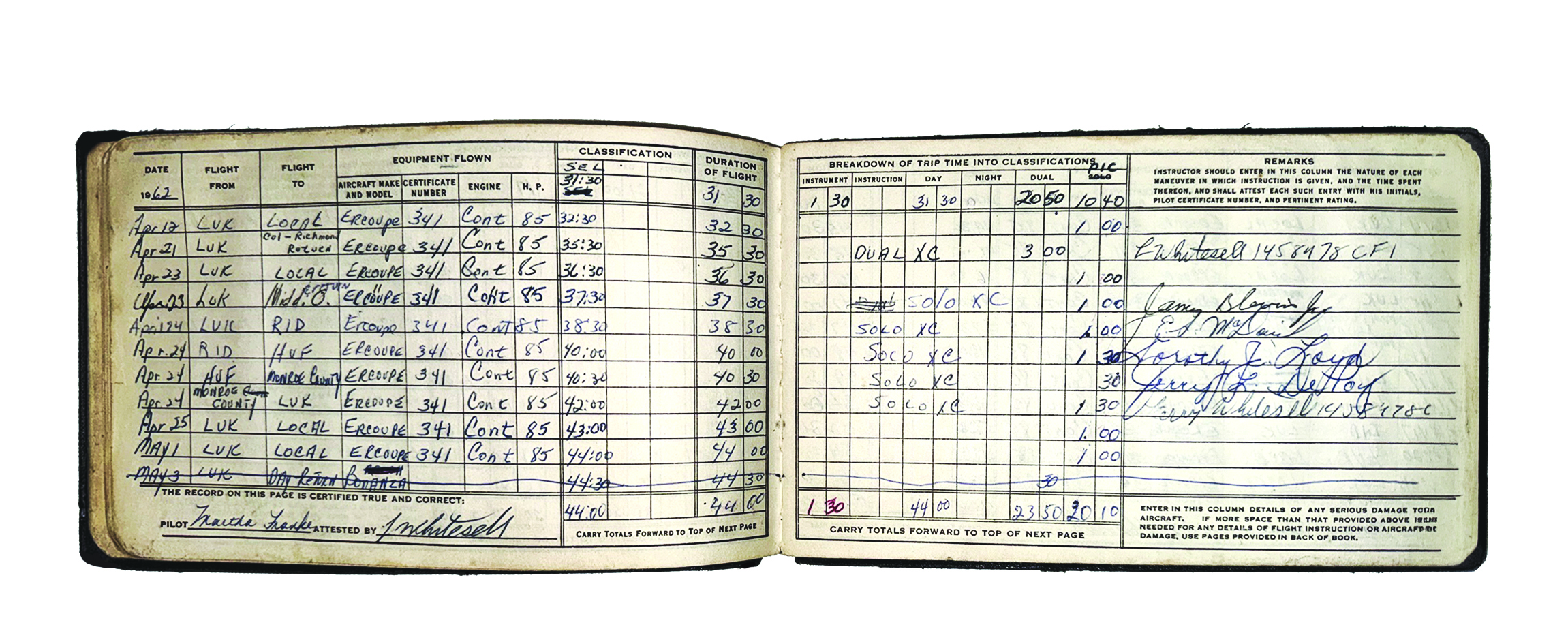 The author found the entry in her first pilot logbook for a required 350-mile solo cross-country flight in 1962. [Credit: Martha Lunken]