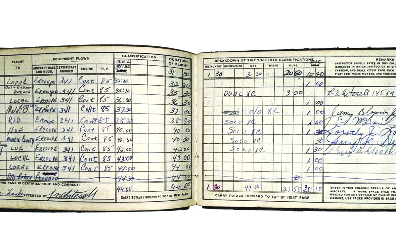 The author found the entry in her first pilot logbook for a required 350-mile solo cross-country flight in 1962. [Credit: Martha Lunken]