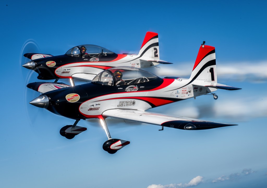 Father-son duo Ken and Austin Rieder (Ken in the lead) of Redline Airshows fly RV-8s in formation in Florida. [Credit: Glenn Watson]