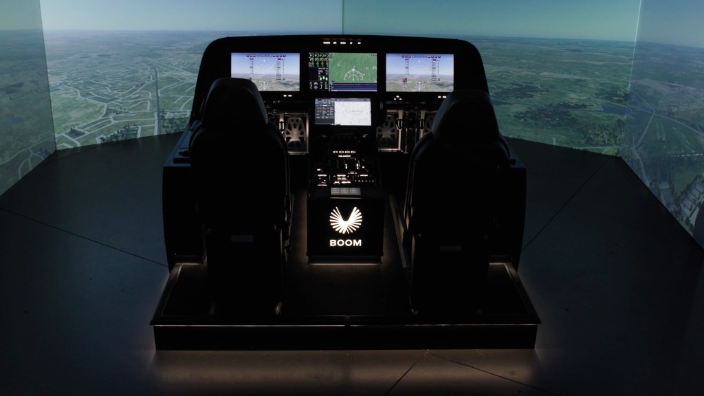 Like NASA’s X-59, Overture’s flight deck relies on an advanced vision system fed by external cameras to help pilots see past its nose. [Credit: Boom Supersonic]