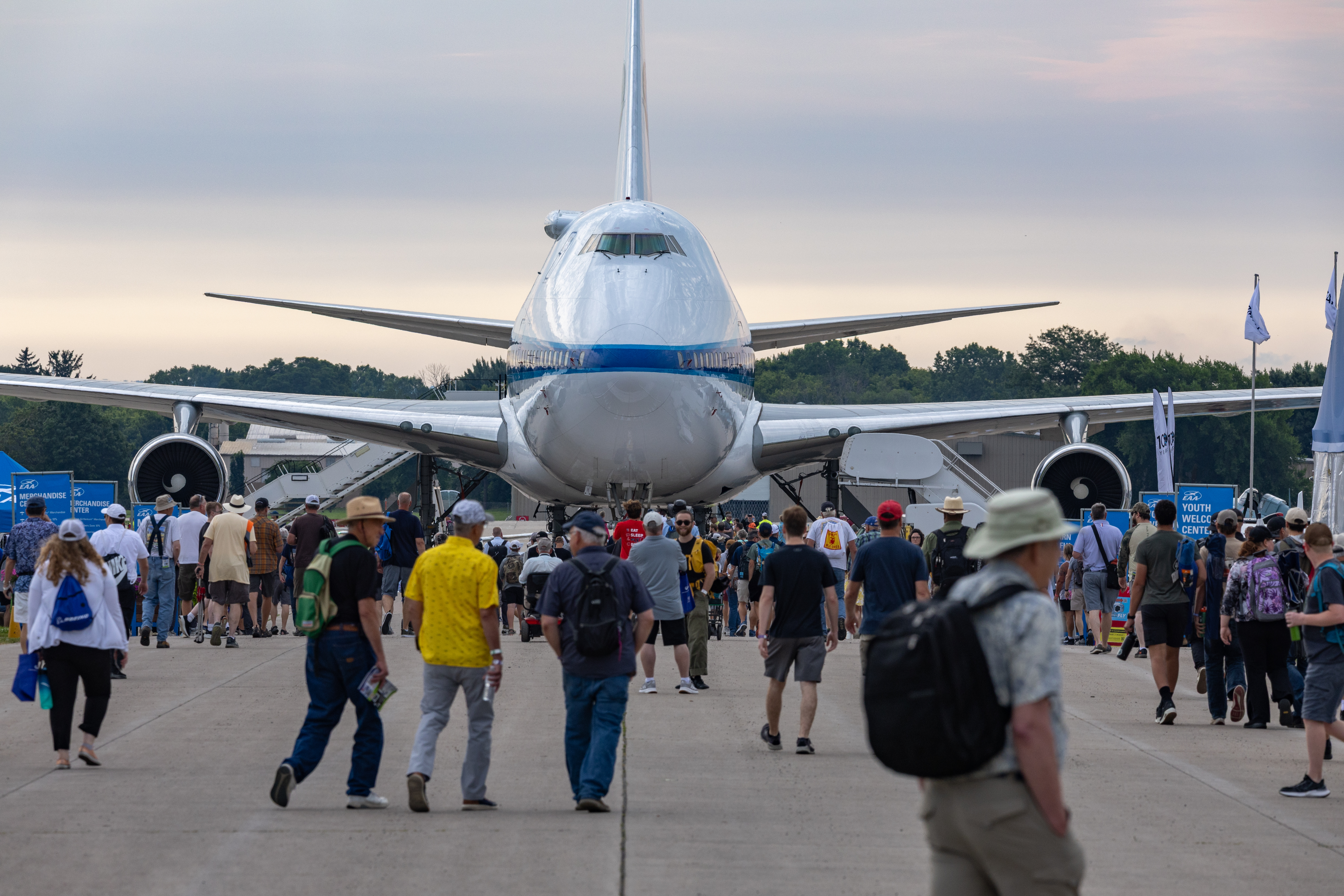 A Boeing 747 sits on display at Boeing Plaza at EAA AirVenture in 2025. [Credit: EAA]