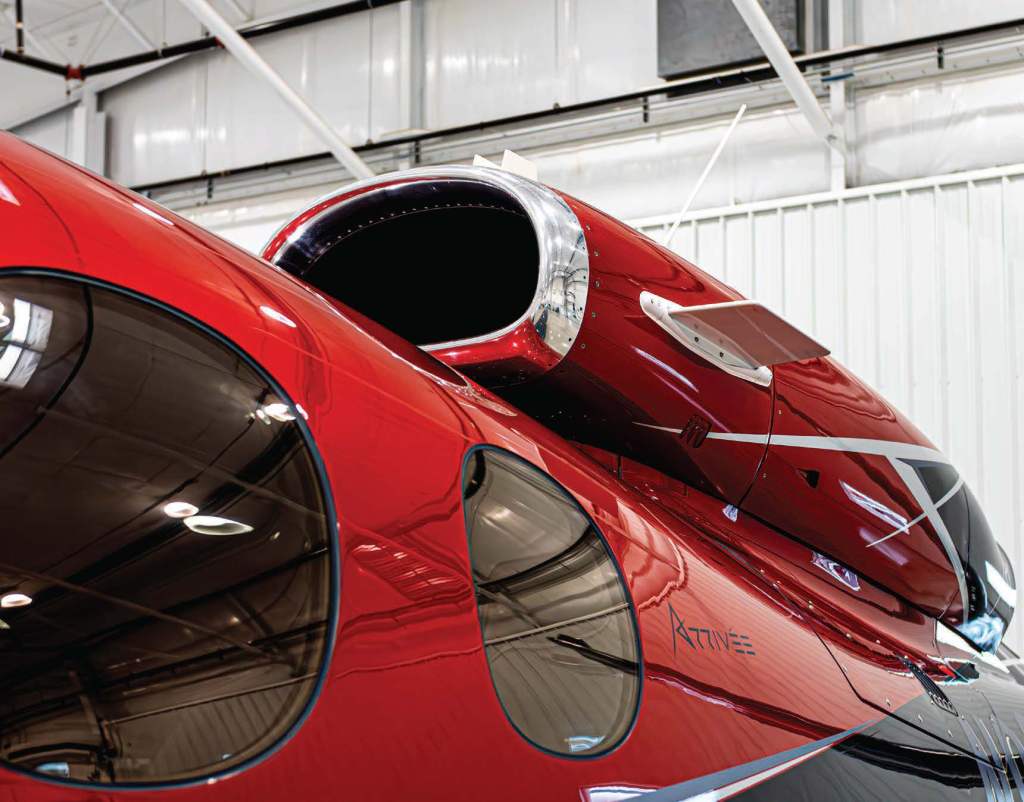 The Williams International FJ33-5A jet engine lives atop the fuselage. The air inlet is heated for icing protection. [Credit: Erin Armstrong]