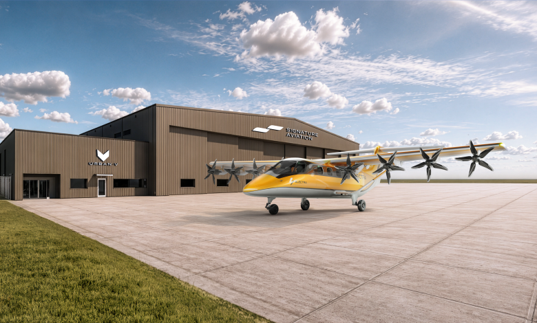Electra EL9 Ultra Short hybrid-electric aircraft in front of Signature Aviation FBO terminal and UrbanV vertiport