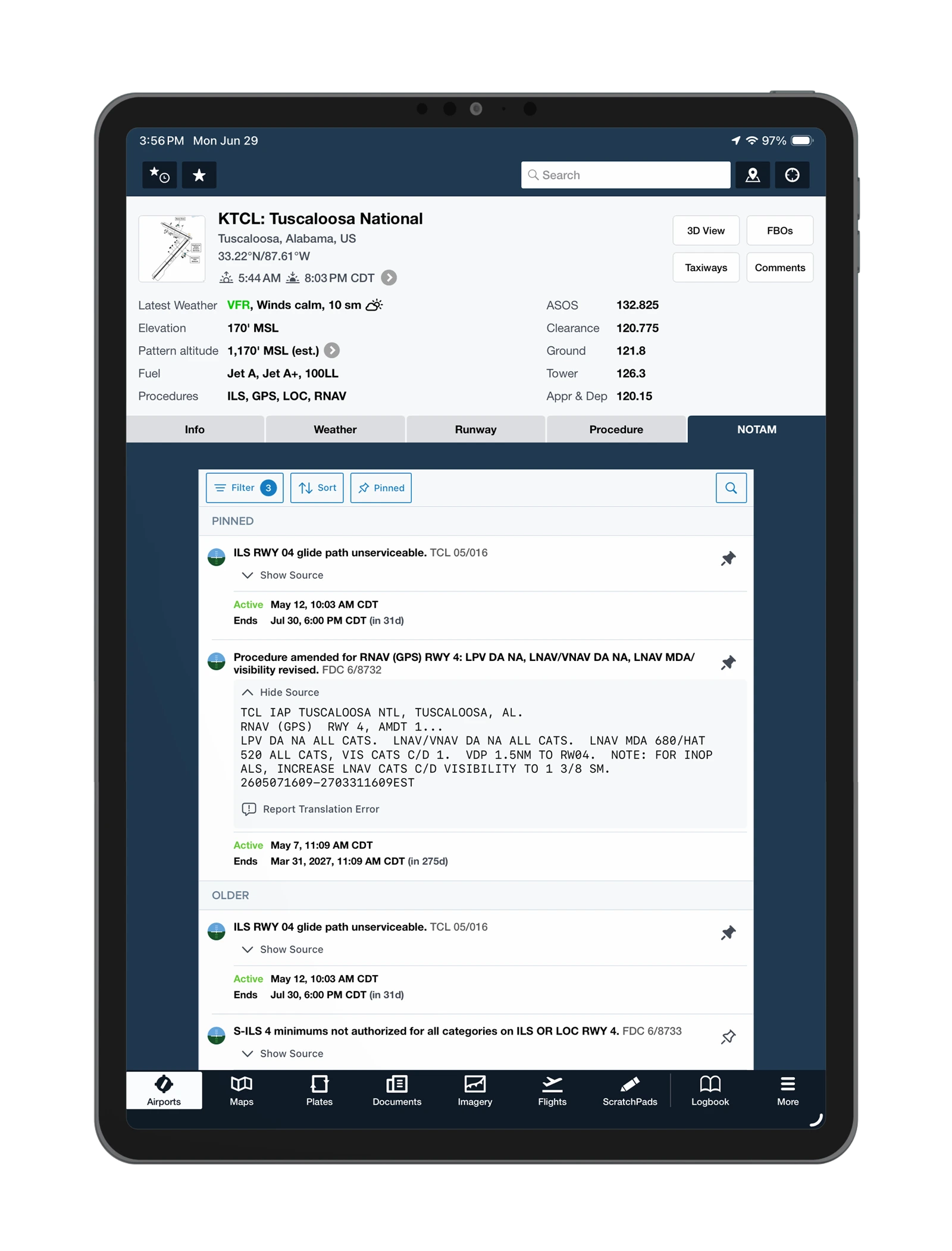 Screen view of ClearNOTAMs app from Jeppesen ForeFlight [Credit: Jeppesen ForeFlight]