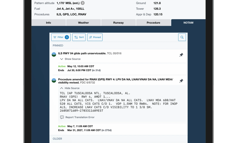 Screen view of ClearNOTAMs app from Jeppesen ForeFlight [Credit: Jeppesen ForeFlight]
