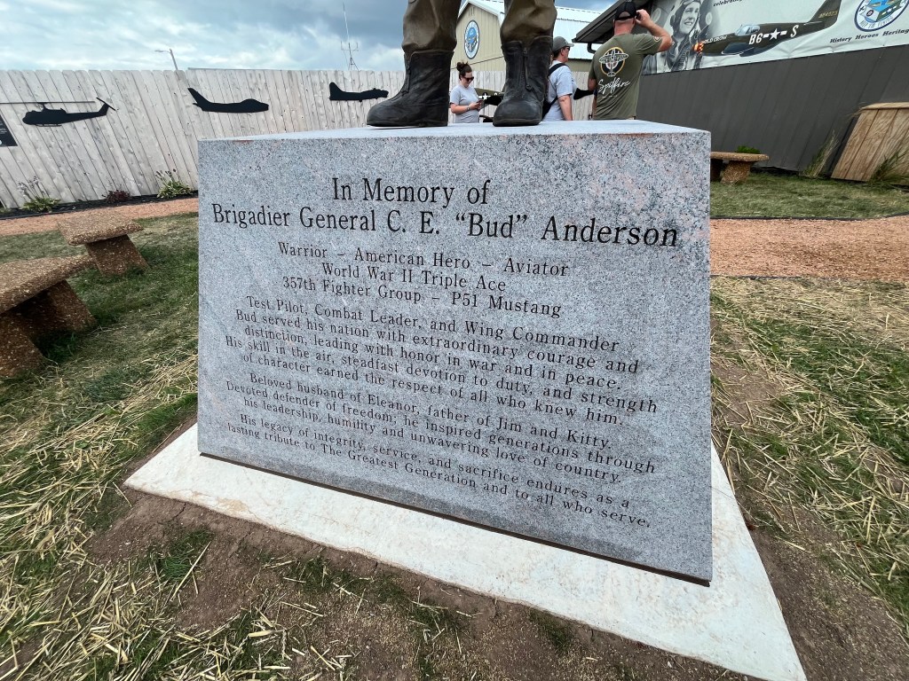 Inscription on the statue at Oshkosh of C.E. ‘Bud’ Anderson [Credit: Meg Godlewski]