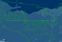 FlightAware flight path USA 250th and outline of USA