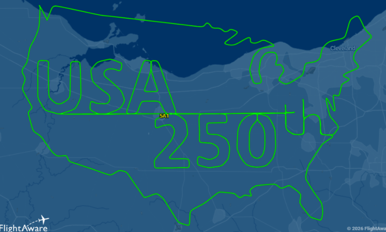 FlightAware flight path USA 250th and outline of USA