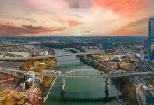 An aerial view of downtown Nashville's cityscape
