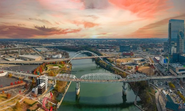 An aerial view of downtown Nashville's cityscape